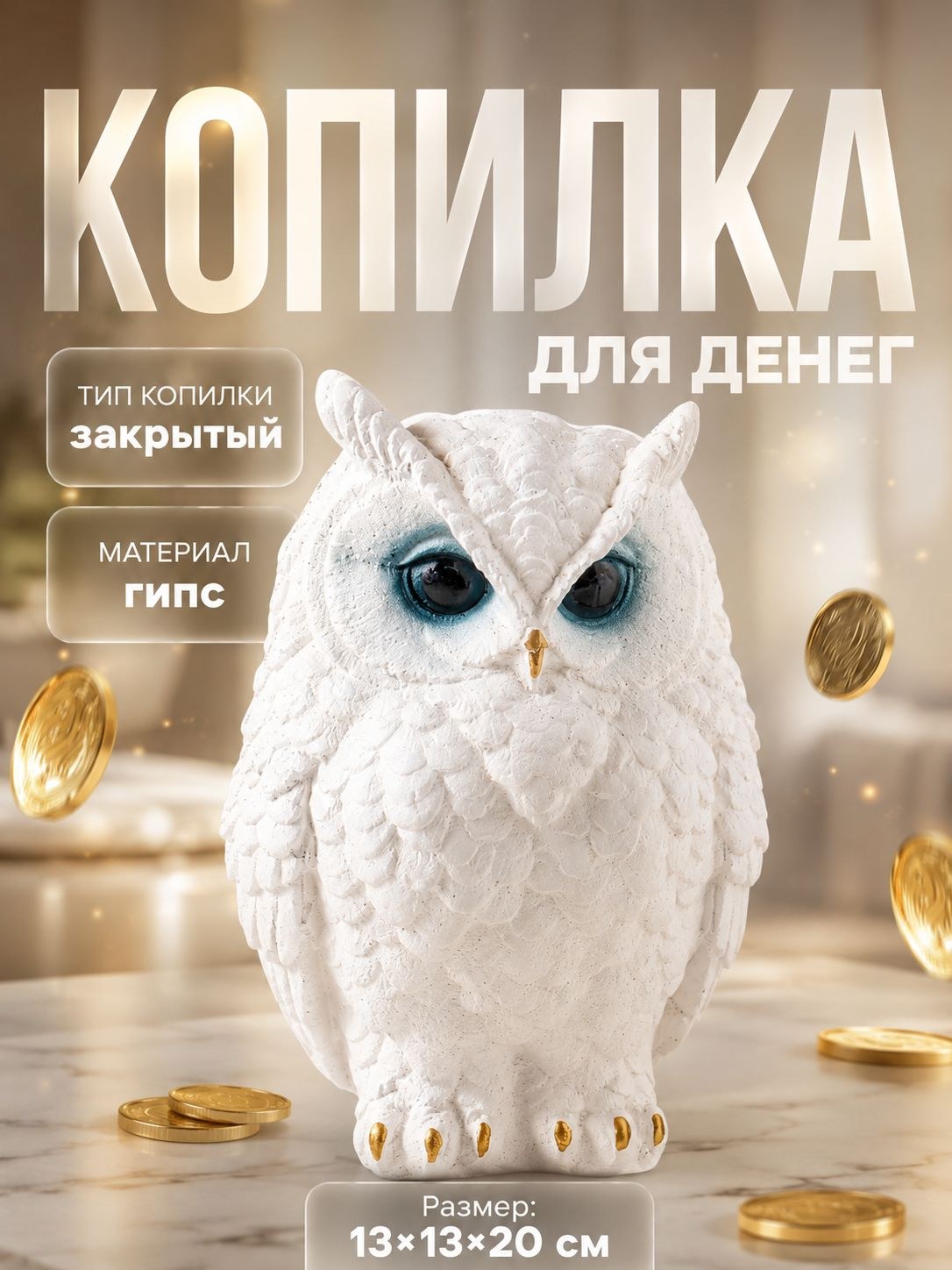 Копилка для денег Филин Филя , 13 х 13 х 20 см, белый, На фото — предложение продавца