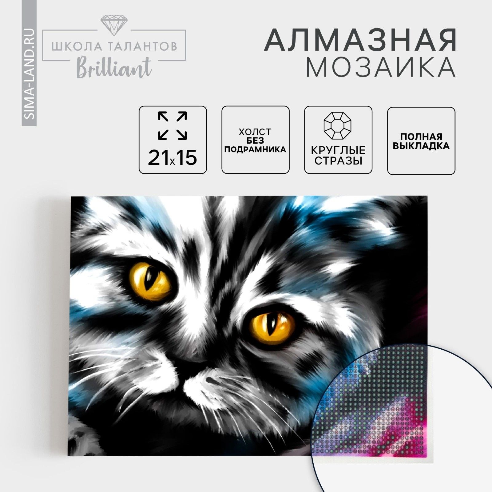 Алмазная вышивка с полным заполнением "Кот" 15х21 см, на холсте, На фото — предложение продавца