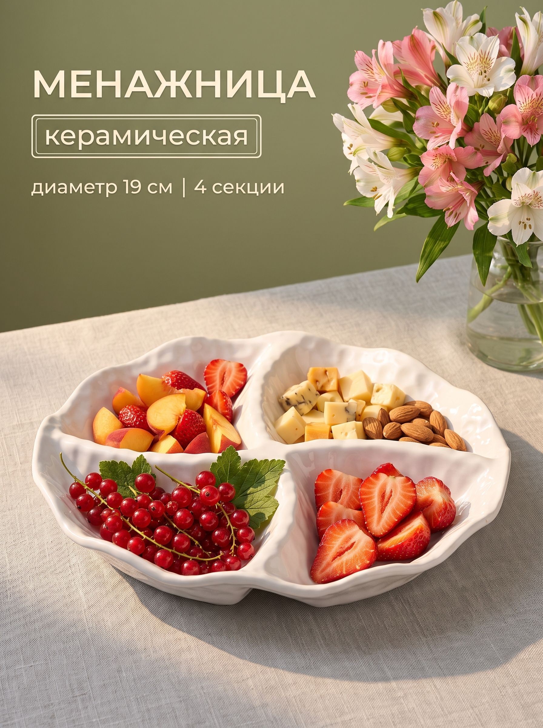 Менажница керамическая белая 4 секции, размер 19х3 см, Magistro "Воздушность", На фото — предложение продавца