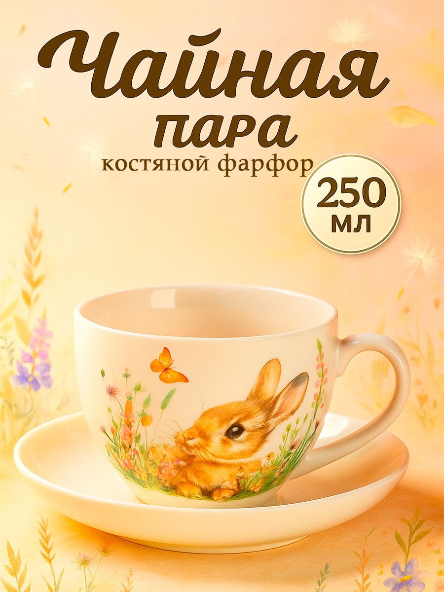 Чайная пара пасхальная Доляна "Зайка", объём 250 мл, диаметр 15 см, цвет белый, фарфор, На фото — предложение продавца