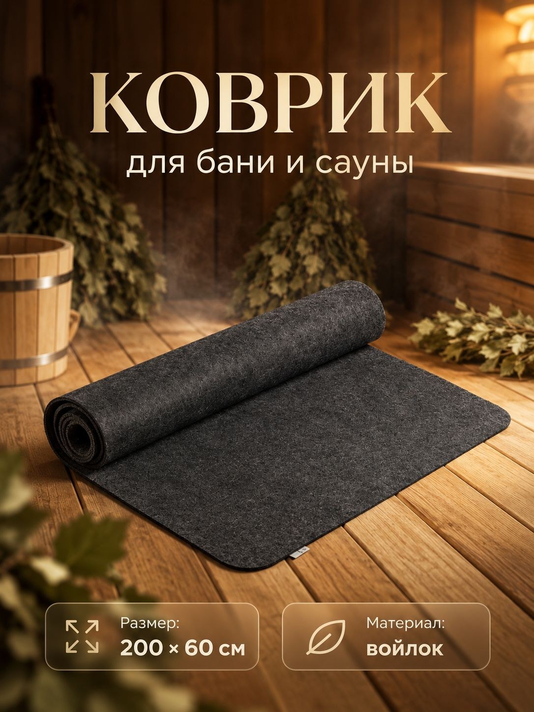 Лежак банный из войлока 200x60 см, серый / коврик для бани и сауны, На фото — предложение продавца