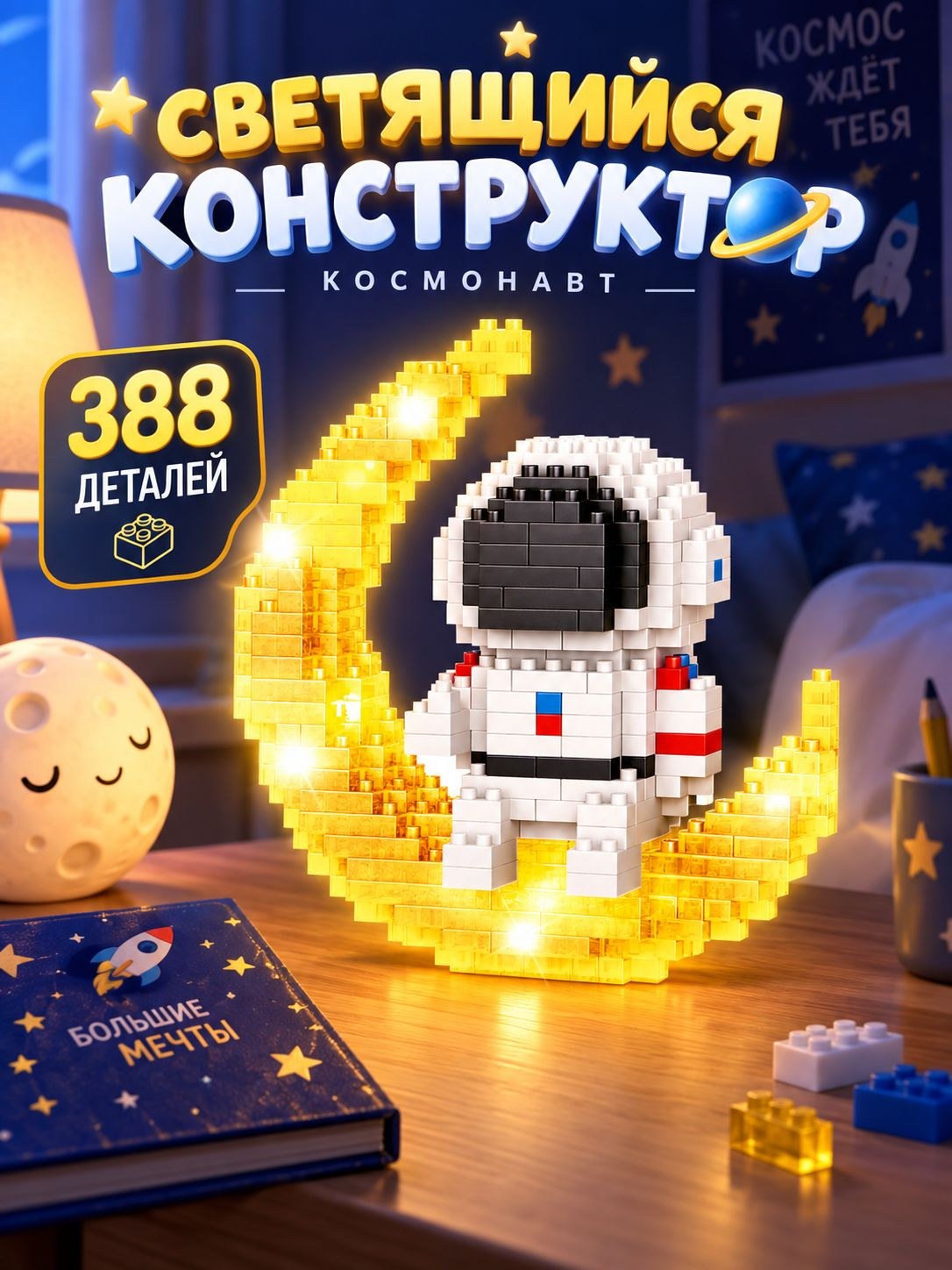 Конструктор 3д, LED подсветка "Космонавт" 388 деталей, 3d конструктор