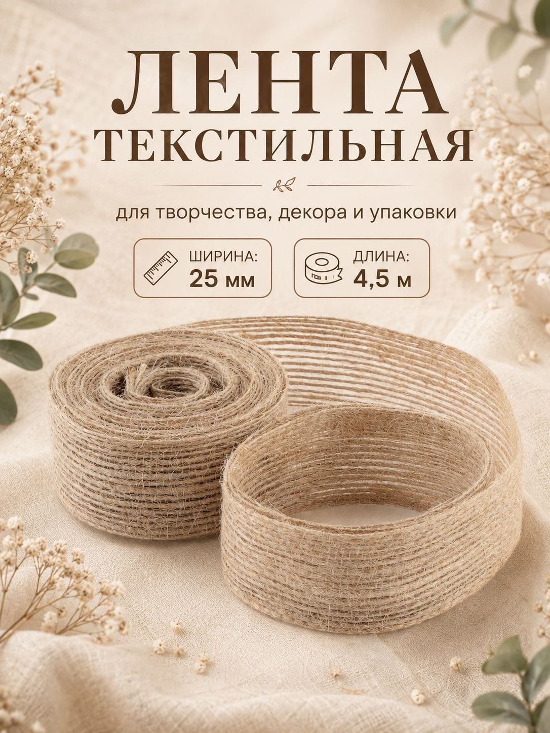Лента тесьма для рукоделия 25 мм, 4,5 м, бежевая, На фото — предложение продавца