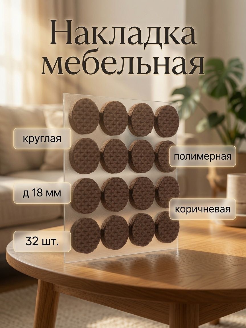 Накладка мебельная круглая, d 18 мм, 32 шт., полимерная, коричневая, На фото — предложение продавца