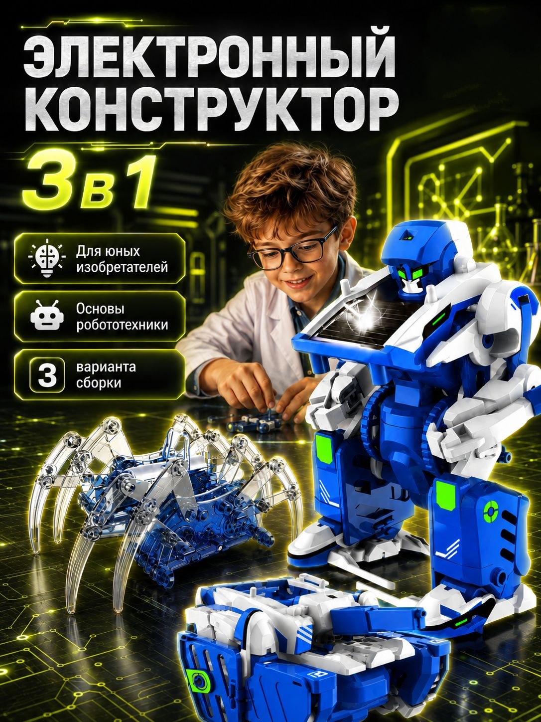 Электронный конструктор "3В1: Робот, танк и паук", подарок для мальчика