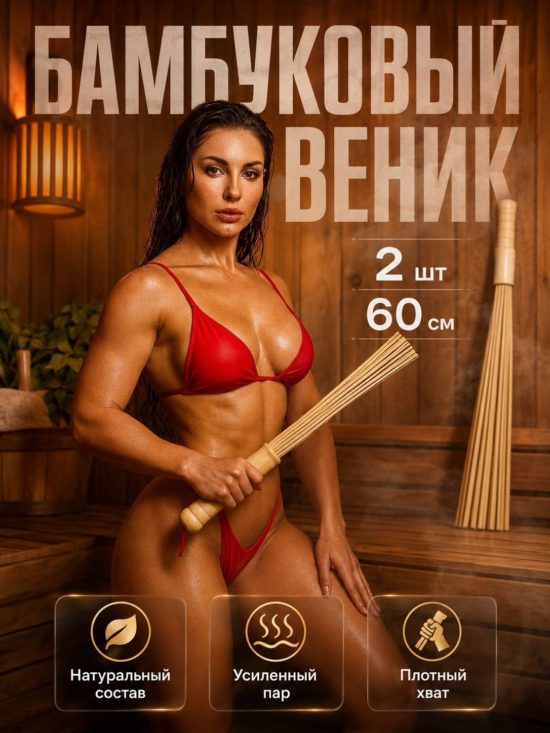 Веник для бани, массажный, бамбуковый 60 см (2 шт), прут 0.5 см, На фото — предложение продавца