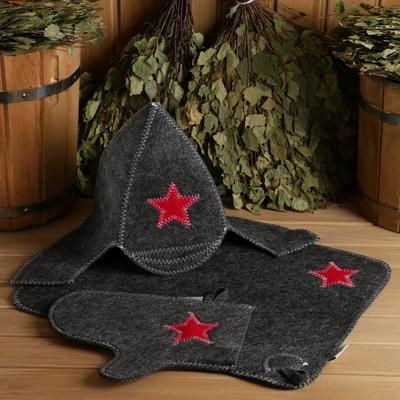 Набор для бани Буденовец , серый, шапка, коврик, рукавица, 3 предмета, На фото — предложение продавца