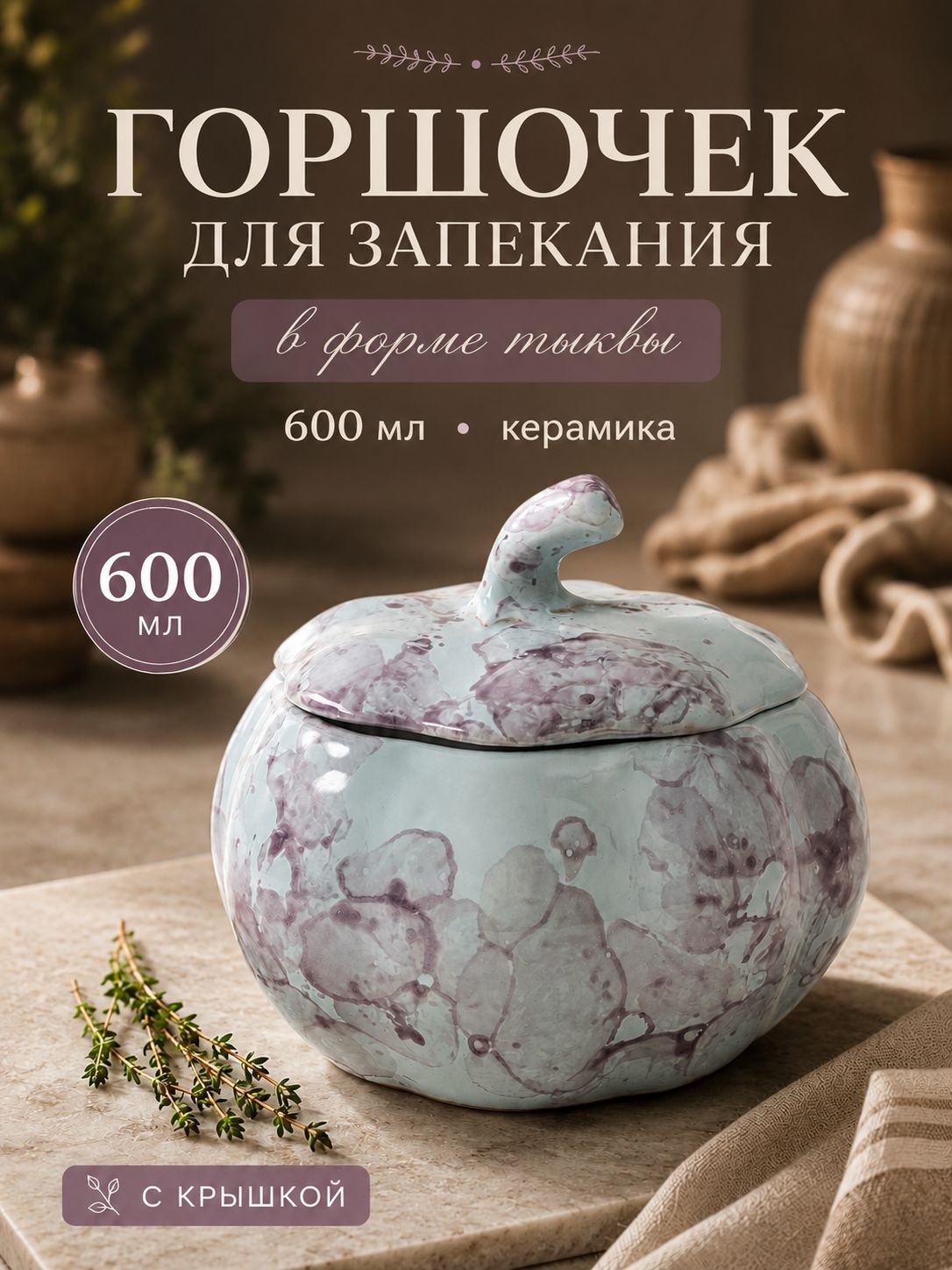 Горшочек для запекания Борисовская керамика "Тыква", объем 600 мл, серый, На фото — предложение продавца