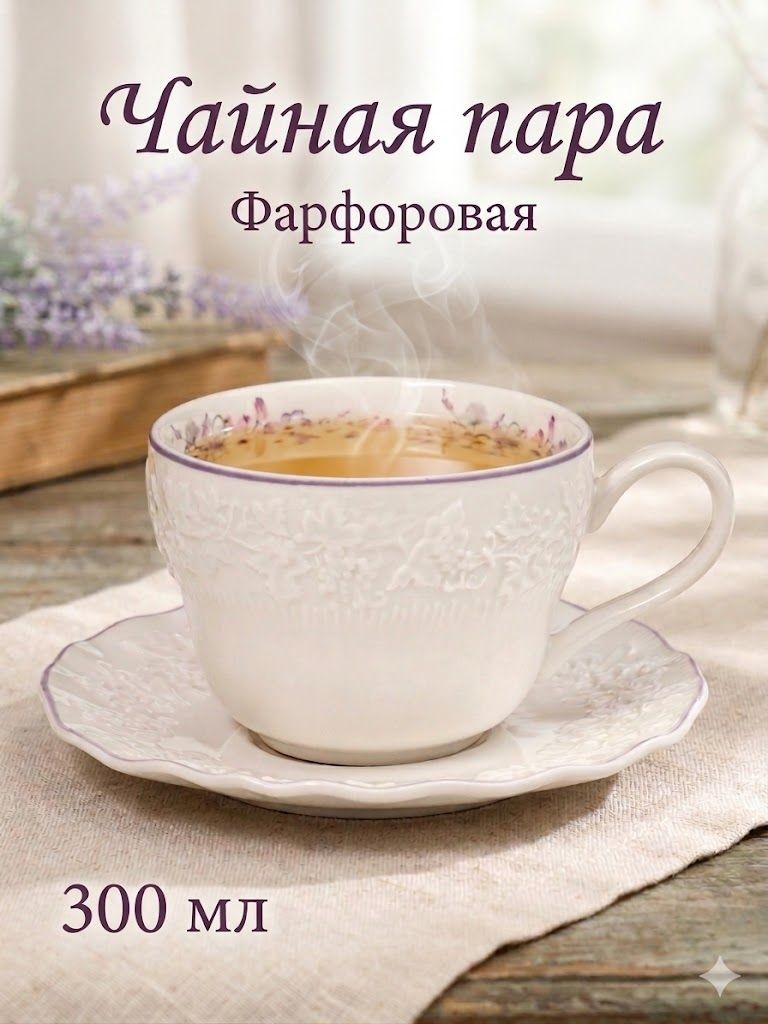 Чайная пара Purple gardens, кружка 300 мл, фарфор, белая, На фото — предложение продавца