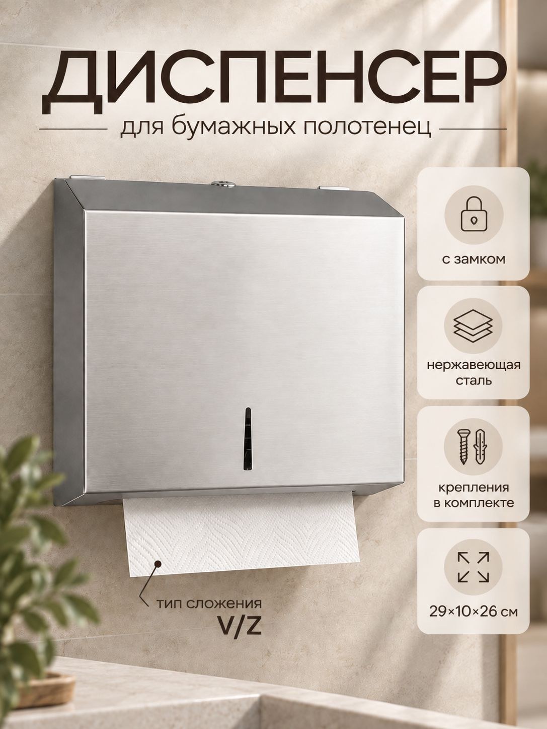 Диспенсер для бумажных полотенец, настенный держатель, нержавеющая сталь, На фото — предложение продавца