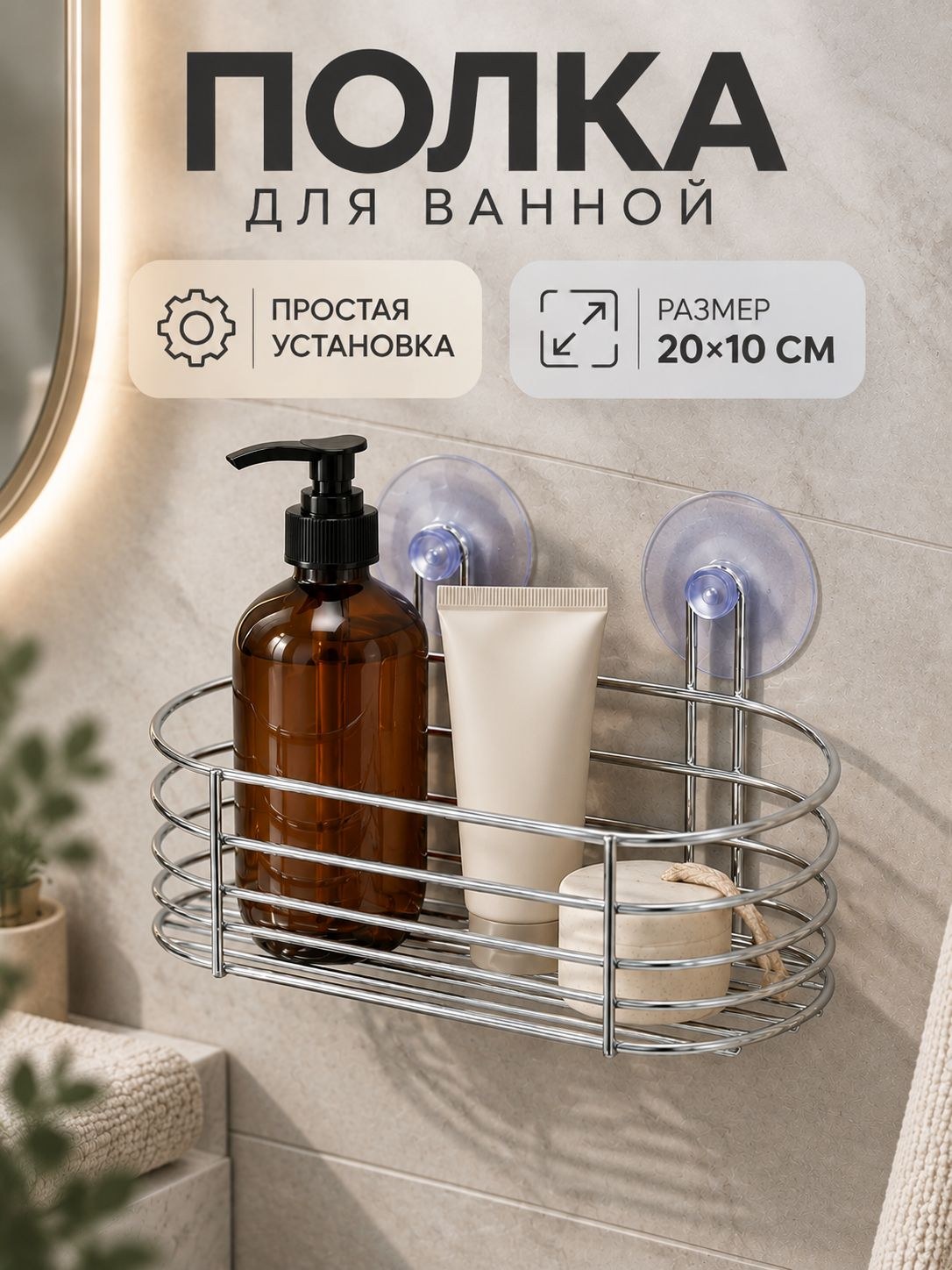 Полка настенная, 20х10 см, на вакуумных присосках, полка в ванную прямая, На фото — предложение продавца
