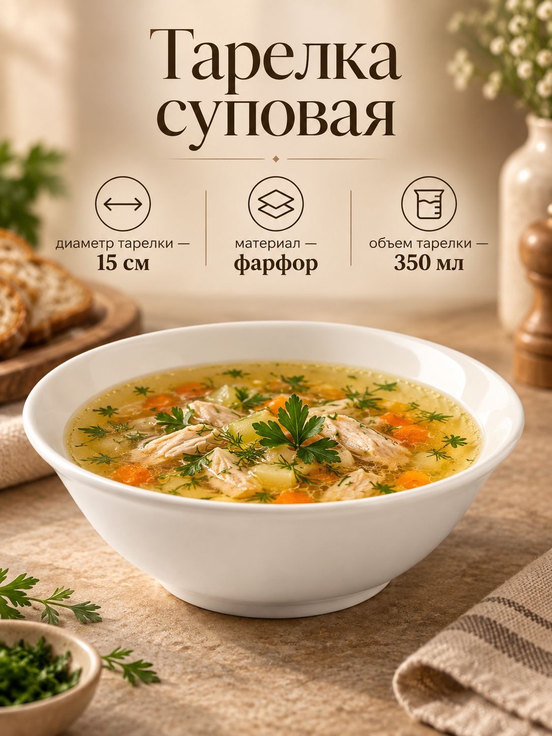 Тарелка глубокая 350 мл, 15 см, Доляна White Label, фарфоровая, На фото — предложение продавца