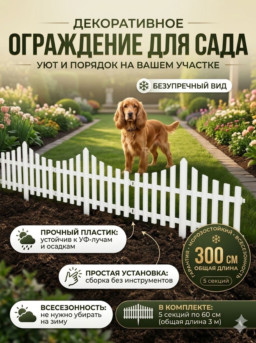 Ограждение садовое декоративное 30 300 см, 5 секций, пластиковое белое, бордюр для клумбы, На фото — предложение продавца