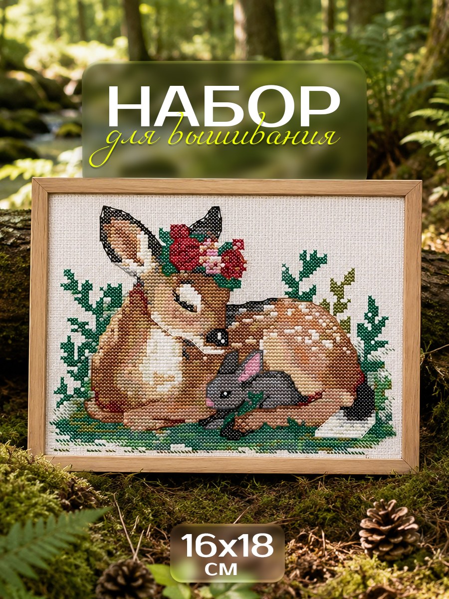 Набор для вышивания крестиком, 16х18 см, "Олененок и зайчик", набор для вышивания для детей, творчество для детей, На фото — предложение продавца