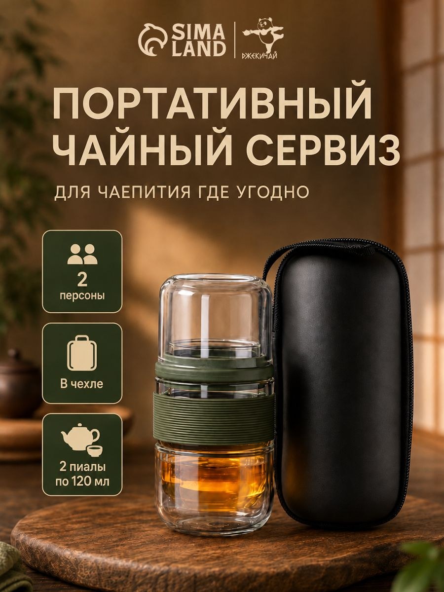Портативный чайный сервиз в чехле , на 2 персоны, ёмкость 180 мл, пиалы 120 мл, стекло, На фото — предложение продавца