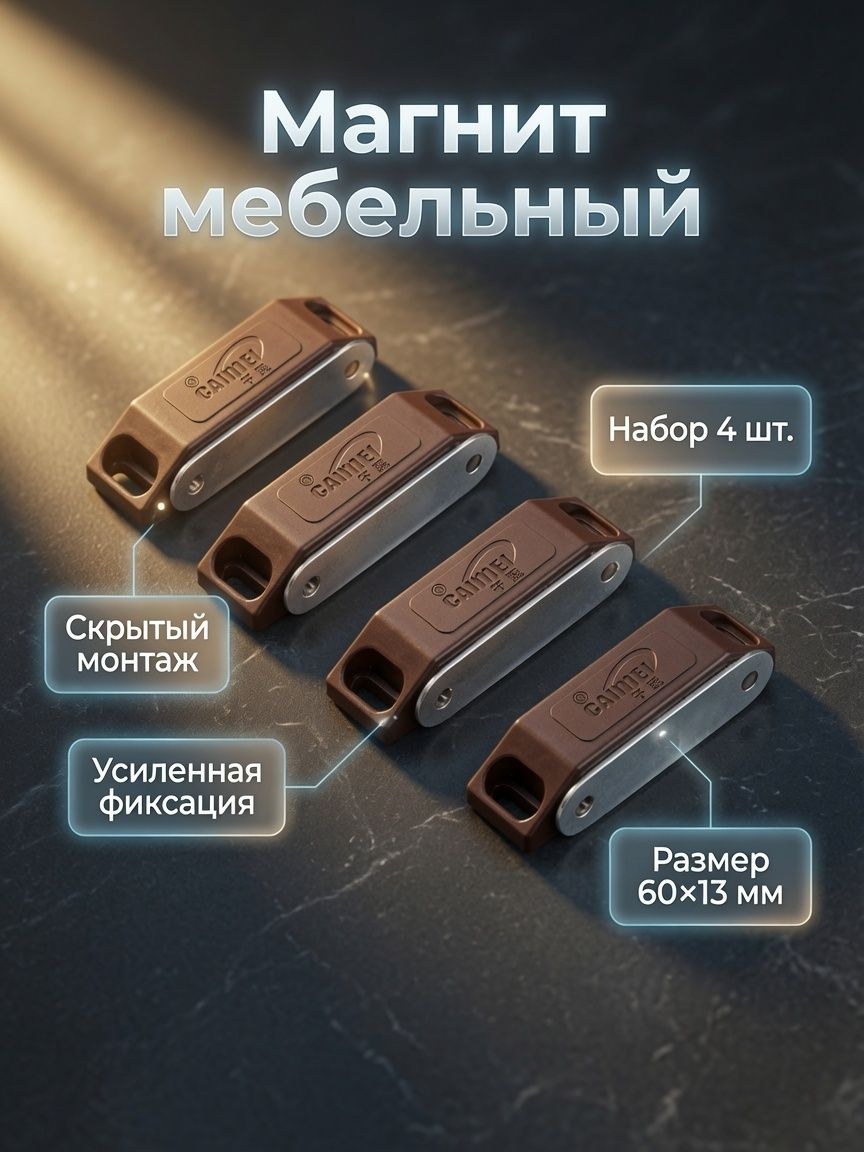 Магнит мебельный M002BR, 60 13 мм, средний, коричневый, 4 шт., На фото — предложение продавца