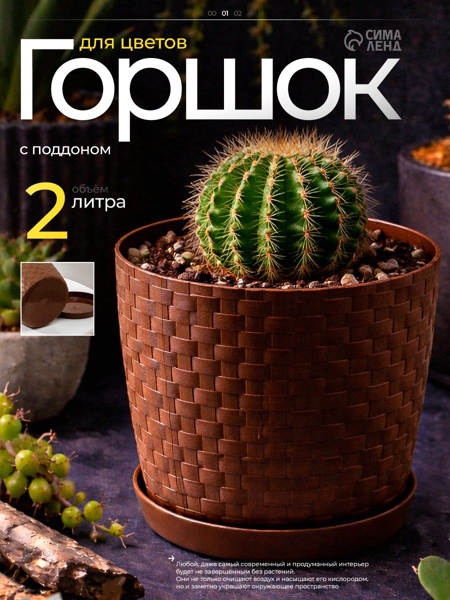 Горшок для цветов, 2 л, кашпо для растений комнатных, пластиковый с поддоном, коричневый, На фото — предложение продавца