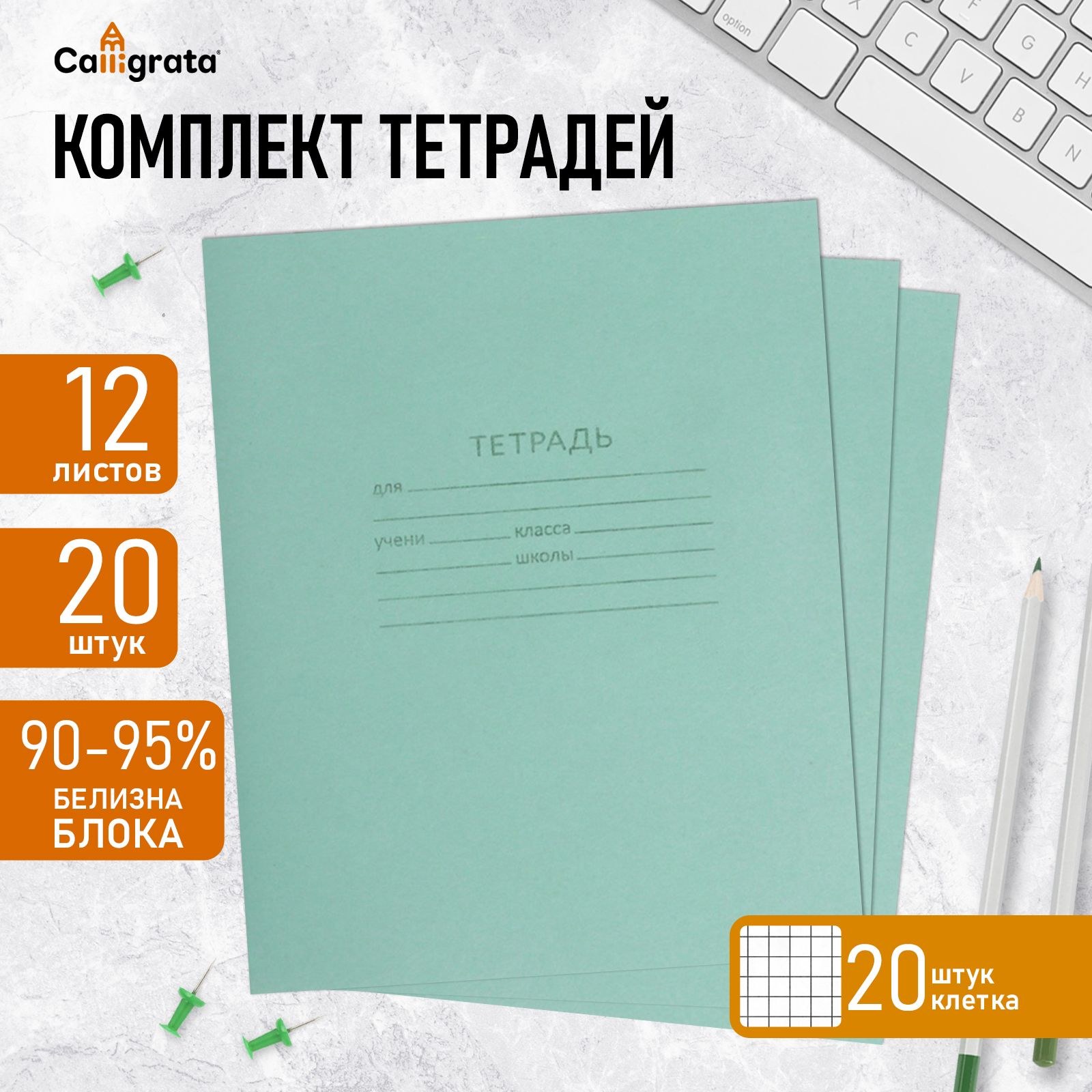 Комплект тетрадей из 20 штук, 12 листов в клетку КПК "Зелёная обложка", блок офсет, белизна 92%, На фото — предложение продавца