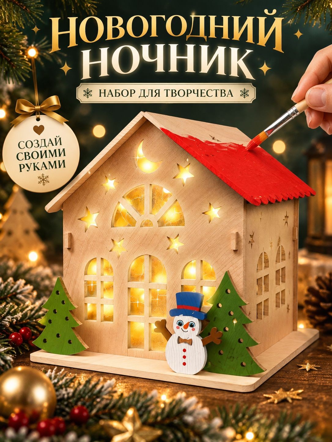 Набор для творчества новогодний, "Домик и снеговик", 15 см, деревянный, ночник своими руками, новогодний подарок для детей 2027, На фото — предложение продавца