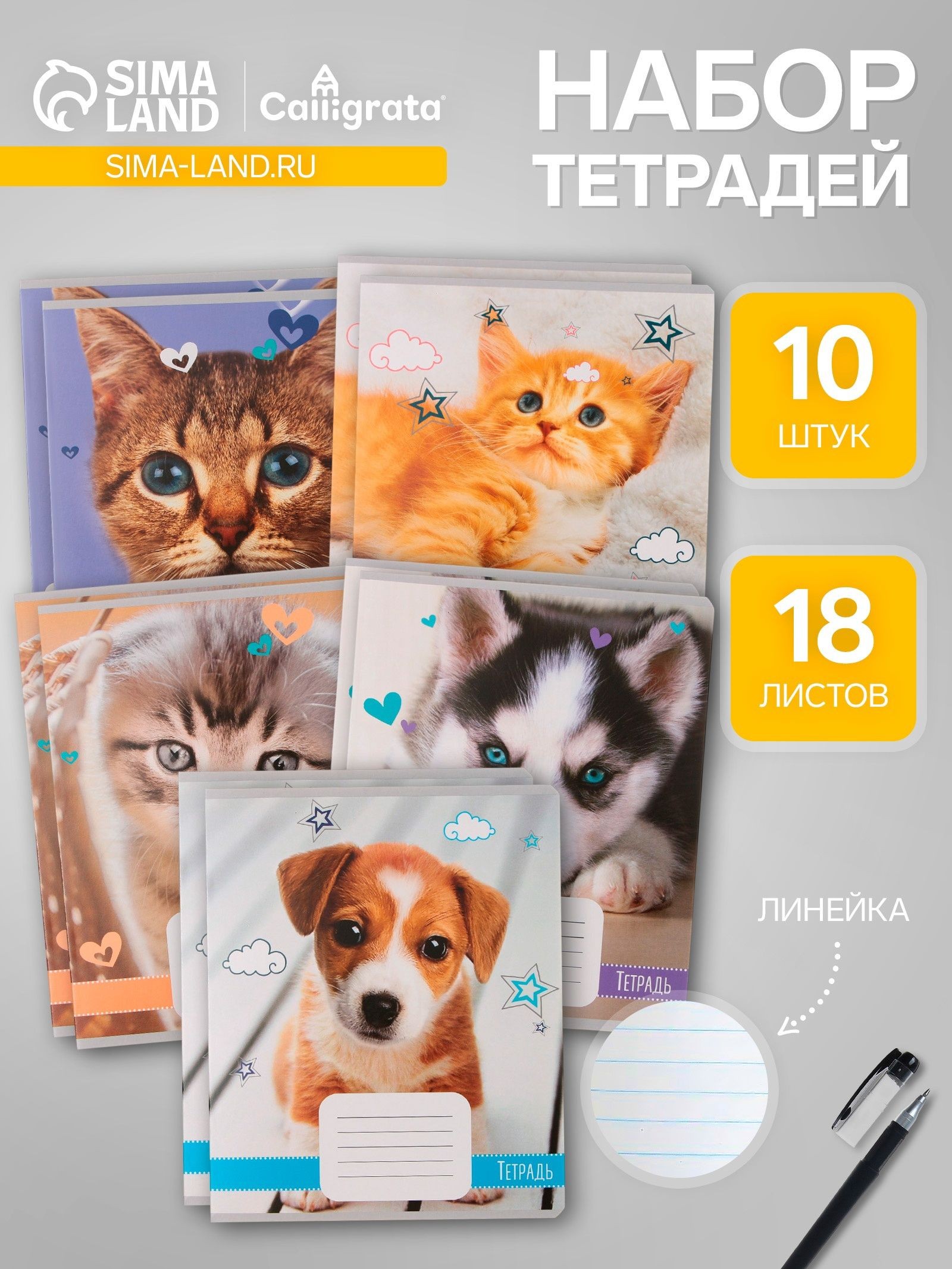 Комплект тетрадей из 10 штук, 18 листов в линию Calligrata Домашние животные , обложка мелованный картон, ВД-лак, блок офсет, 5 видов по 2 штуки, На фото — предложение продавца