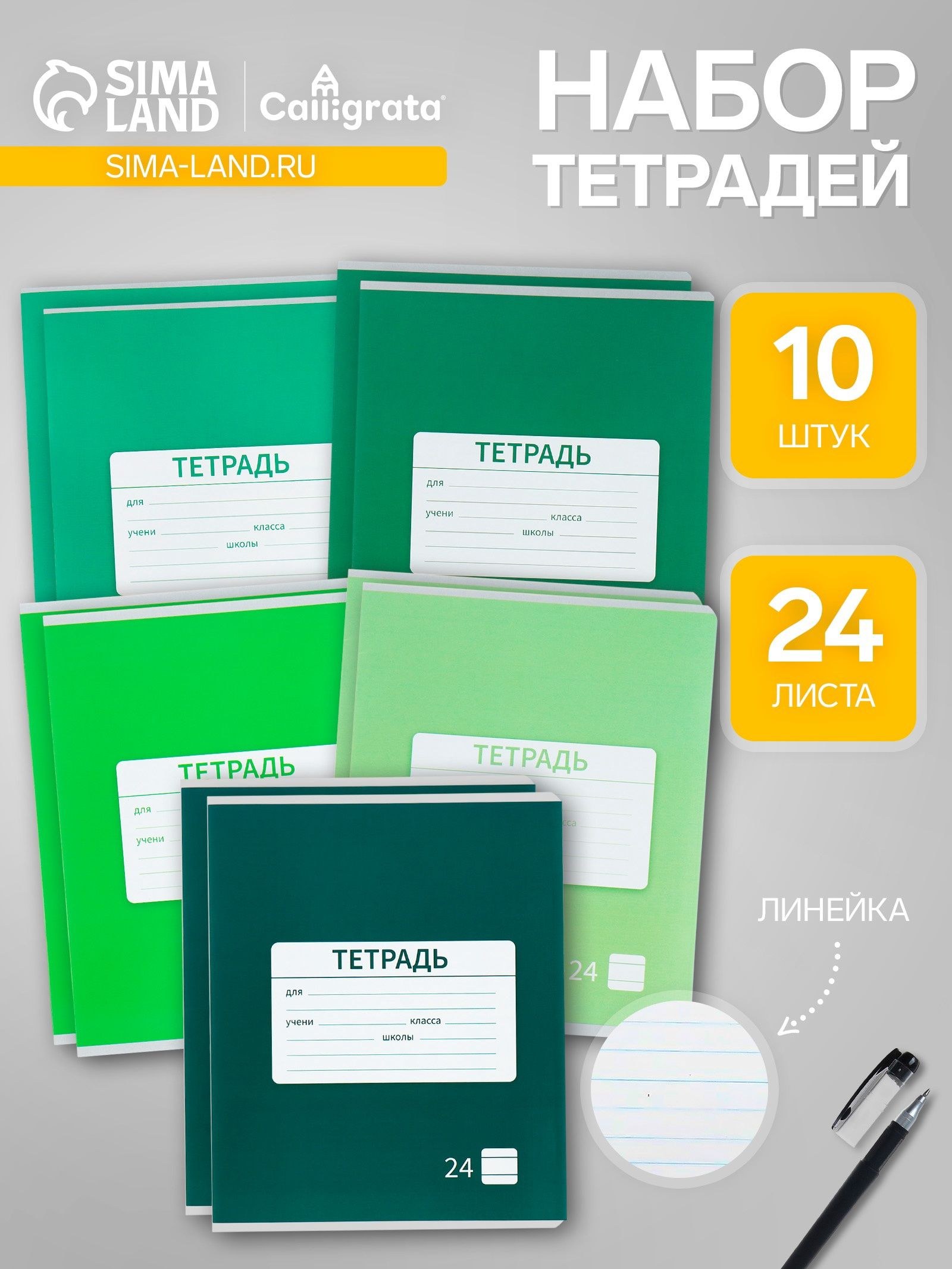 Комплект тетрадей из 10 штук, 24 листа в линию Calligrata Однотонная Новая Школьная. Эконом , обложка мелованная бумага, ВД-лак, блок №2, белизна 75% (серые листы), 5 видов по 2 штуки, На фото — предложение продавца
