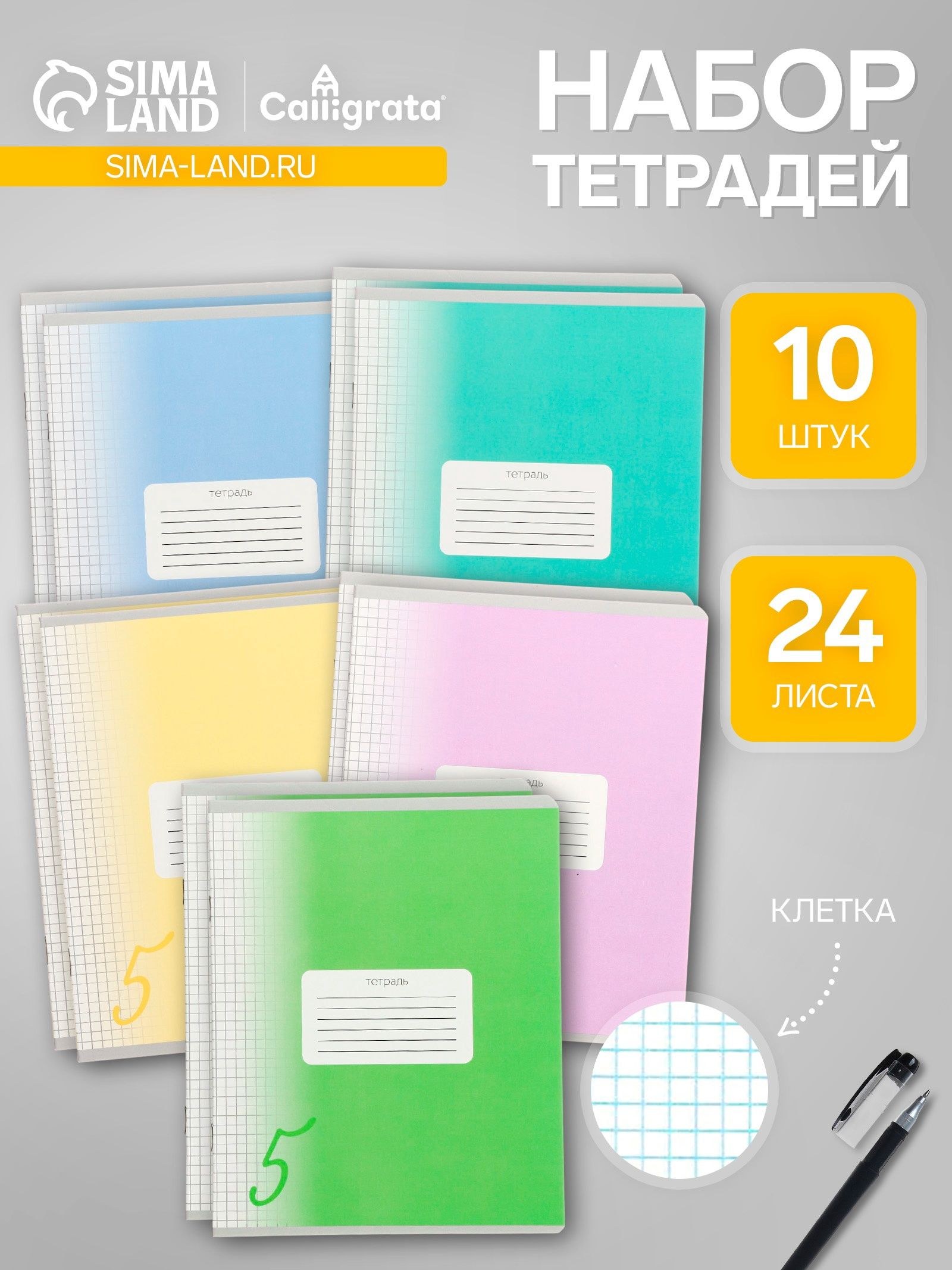 Тетради 10 штук, 24 листа в клетку Calligrata Пятёрка , обложка мелованный картон, ВД-лак, блок офсет, 5 видов по 2 штуки, На фото — предложение продавца