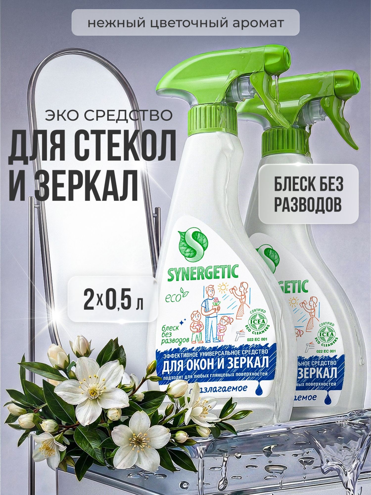 Средство для мытья окон, зеркал, стекол и бытовой техники SYNERGETIC. 0,5л.-2шт. (Набор), На фото — предложение продавца