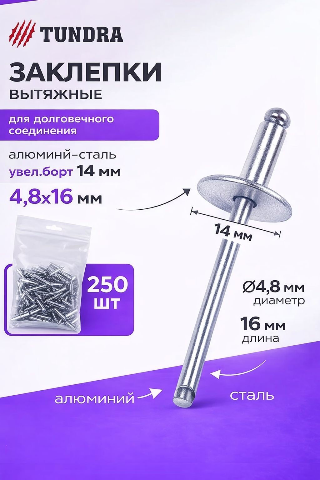 Заклепки вытяжные TUNDRA krep, алюминий-сталь, увел.борт 14 мм, 4.8х16 мм, 250 шт.