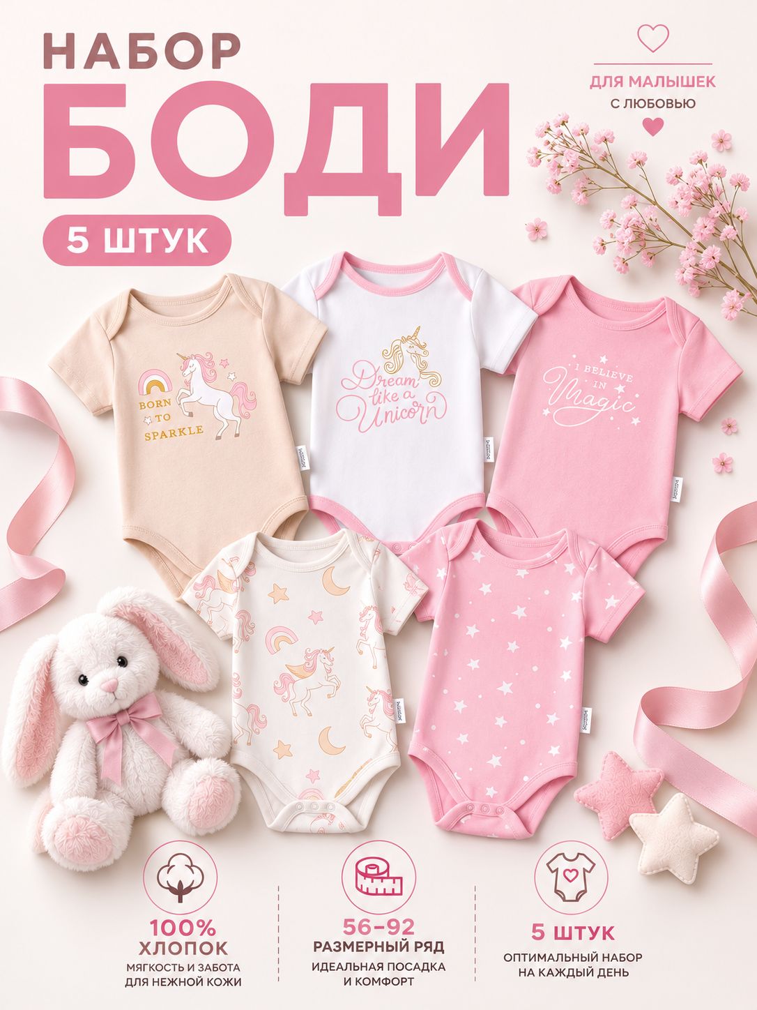 Боди для новорождённых с коротким рукавом Крошка Я Magic, набор 5 шт., рост 74-80 см, На фото — предложение продавца
