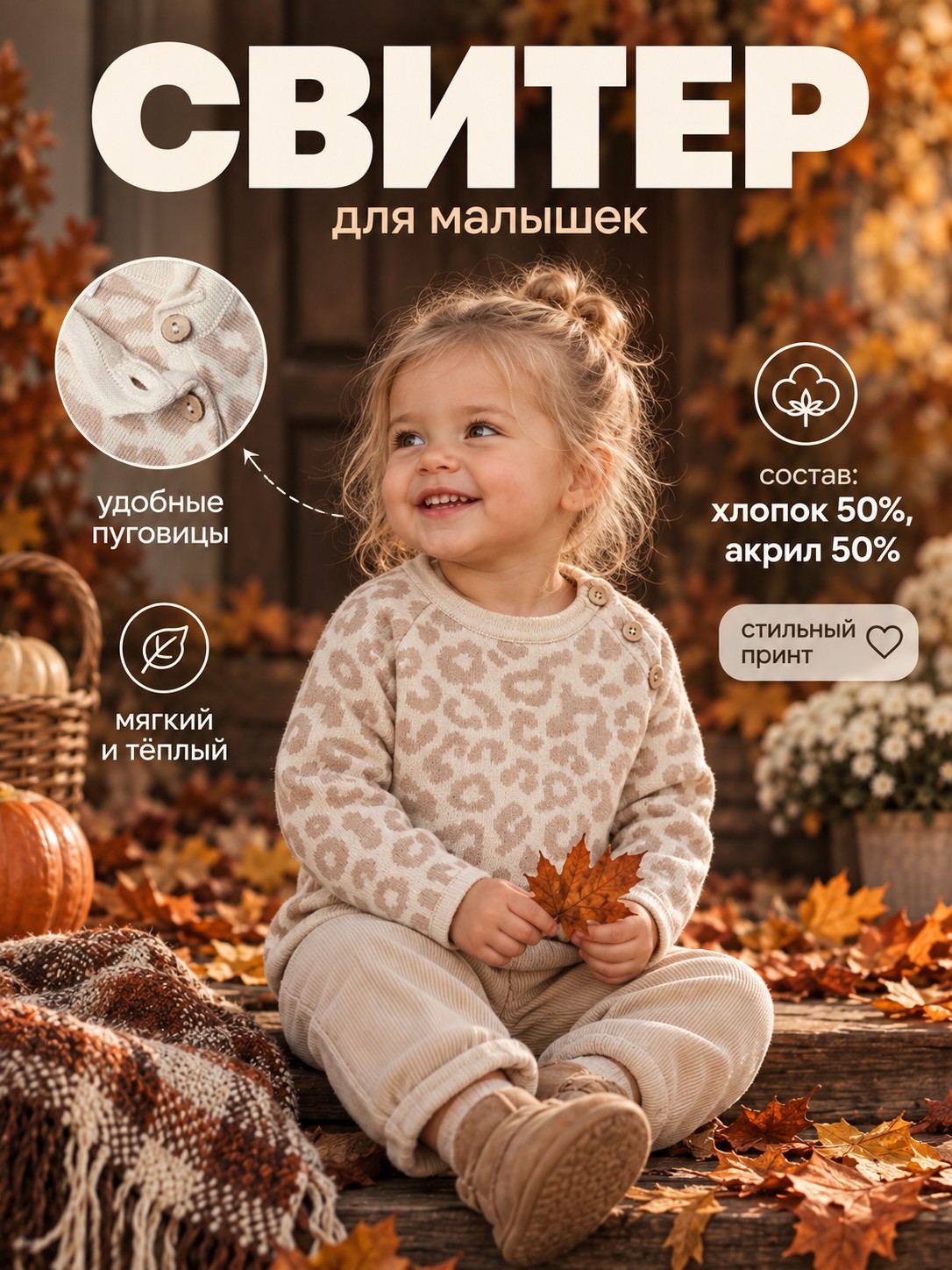 Джемпер для малышей вязаный, Крошка Я, леопардовый, для девочек, детский свитер, 68-74 см, На фото — предложение продавца