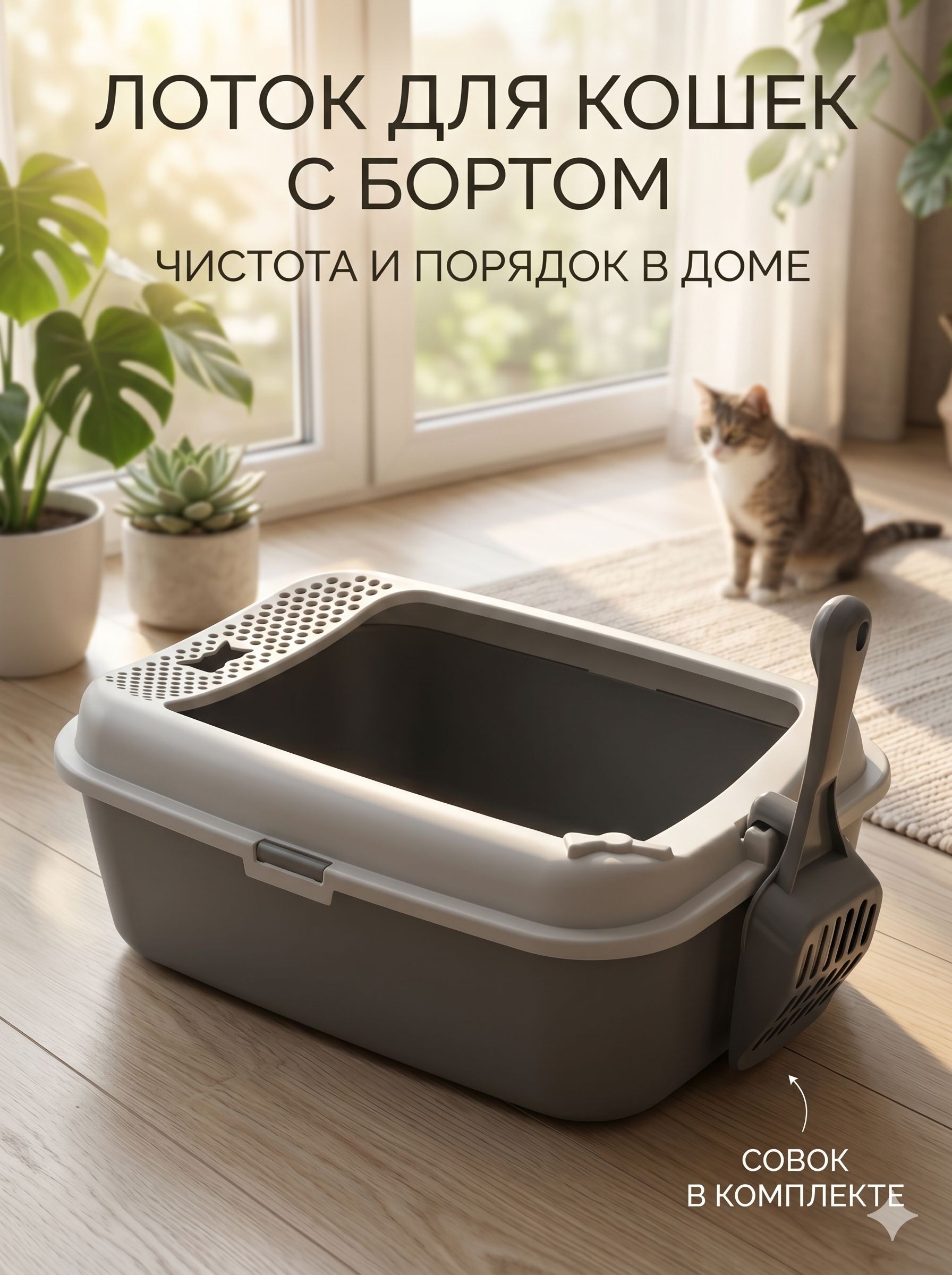 Лоток для кошек с бортом, 30x39x13.5 см, с совком, На фото — предложение продавца