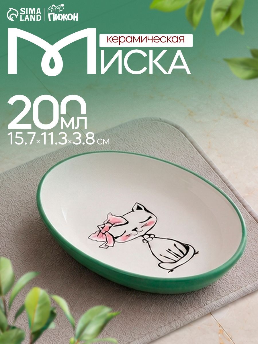 Миска для кошек керамическая, 200 мл 15.7x11.3x3.8 см, зеленая/белая, На фото — предложение продавца