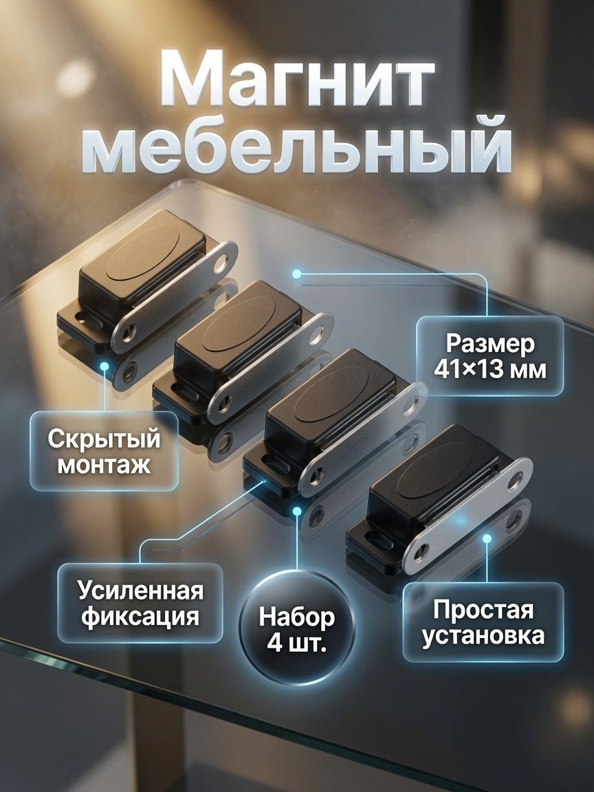 Магнит мебельный M001BR, 41 13 мм, маленький, черный, 4 шт., На фото — предложение продавца