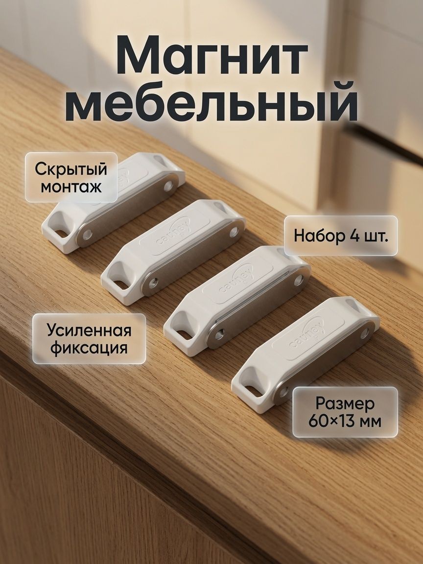 Магнит мебельный M002BR, 60 13 мм, средний, белый, 4 шт., На фото — предложение продавца