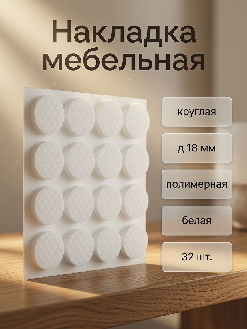 Накладка мебельная круглая, d 18 мм, 32 шт., полимерная, белая, На фото — предложение продавца