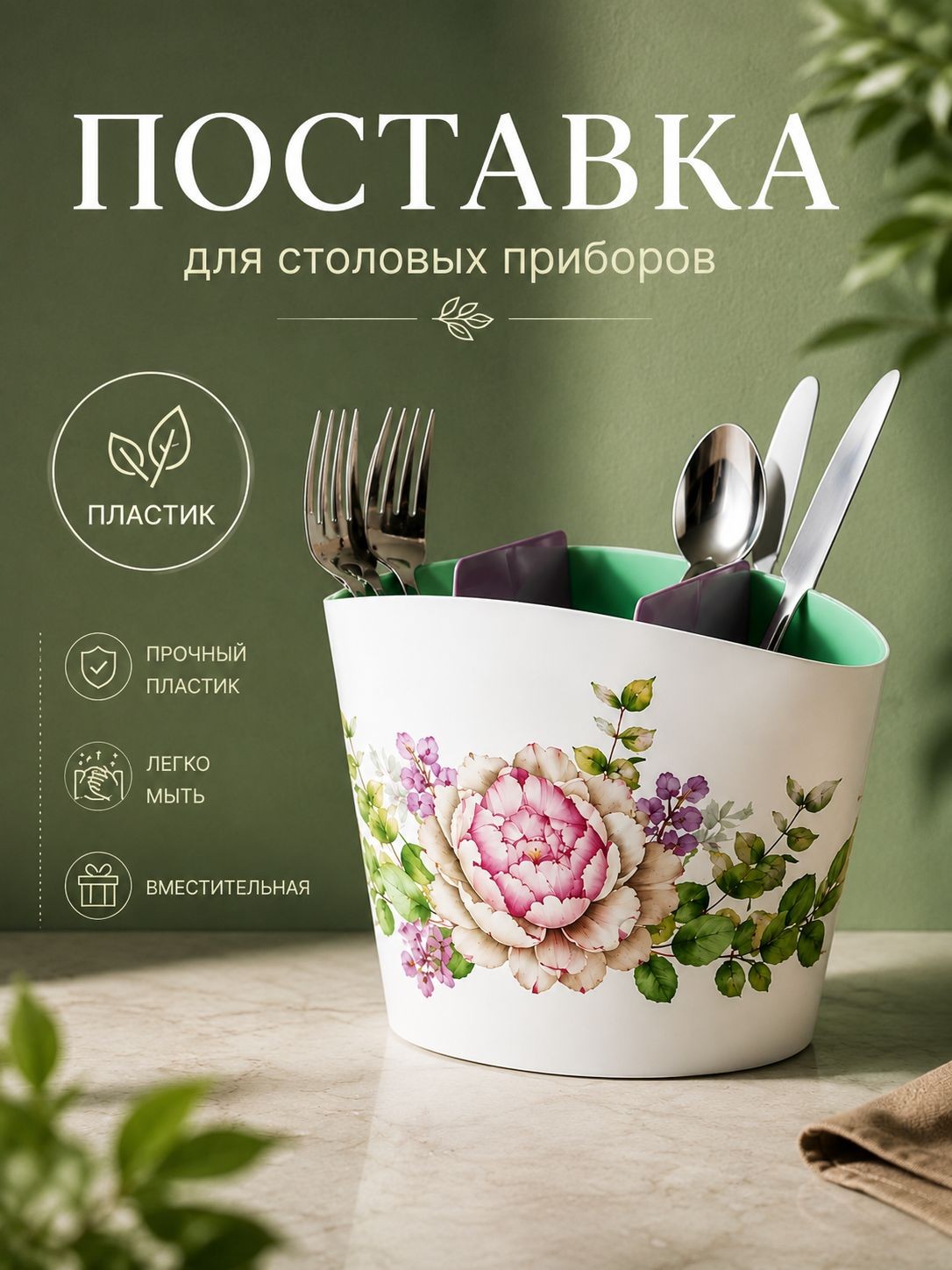 Подставка для столовых приборов, размер 21х11х15,5 см, настольная, пластиковая, На фото — предложение продавца