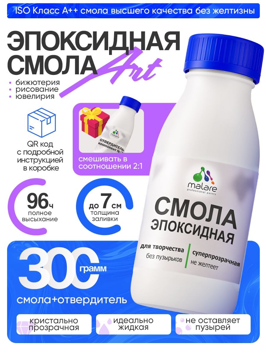 2К Эпоксидная смола Malare для творчества, двухкомпонентная кристально-прозрачная, самовыравнивающаяся высокопрочная, без запаха (0.2 кг+0.1 кг отвердитель), На фото — предложение продавца