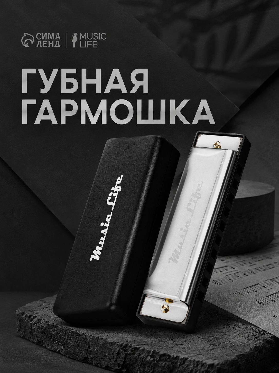 Губная гармошка диатоническая, C-major, с футляром, серебристая, На фото — предложение продавца