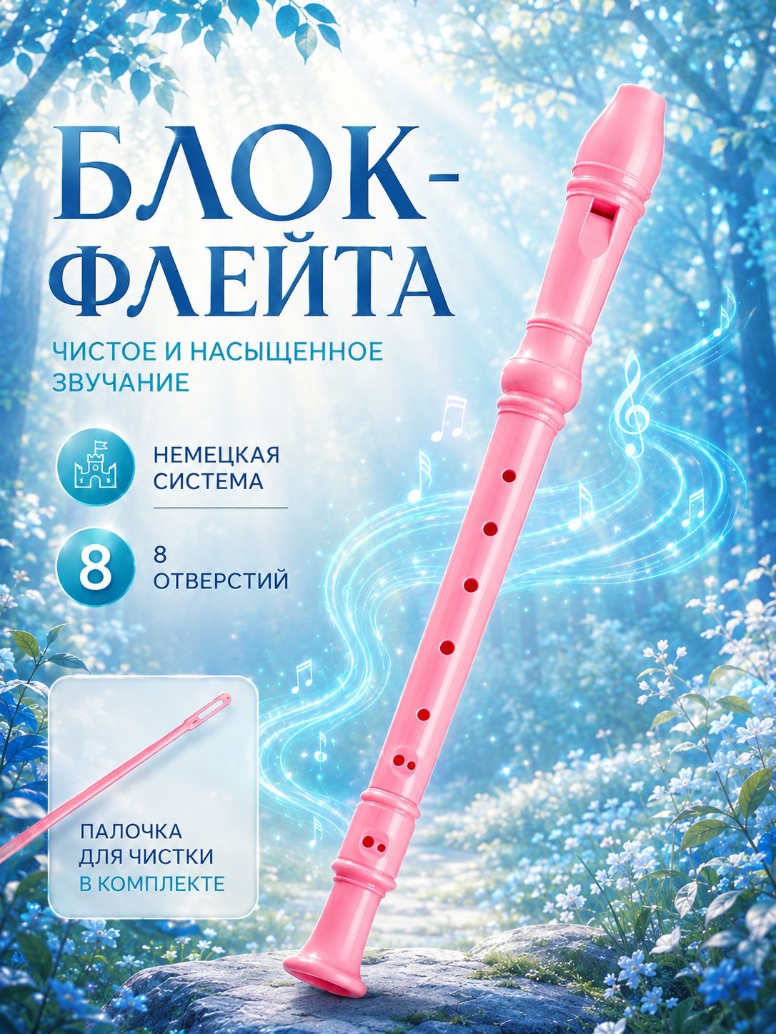 Блокфлейта "Music Life", 8 отверстий, немецкая система, сопрано, розовая, На фото — предложение продавца