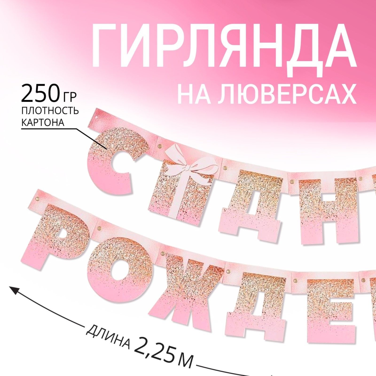 Гирлянда на люверсах С Днем Рождения , розовая с подарком, длина 225 см, На фото — предложение продавца