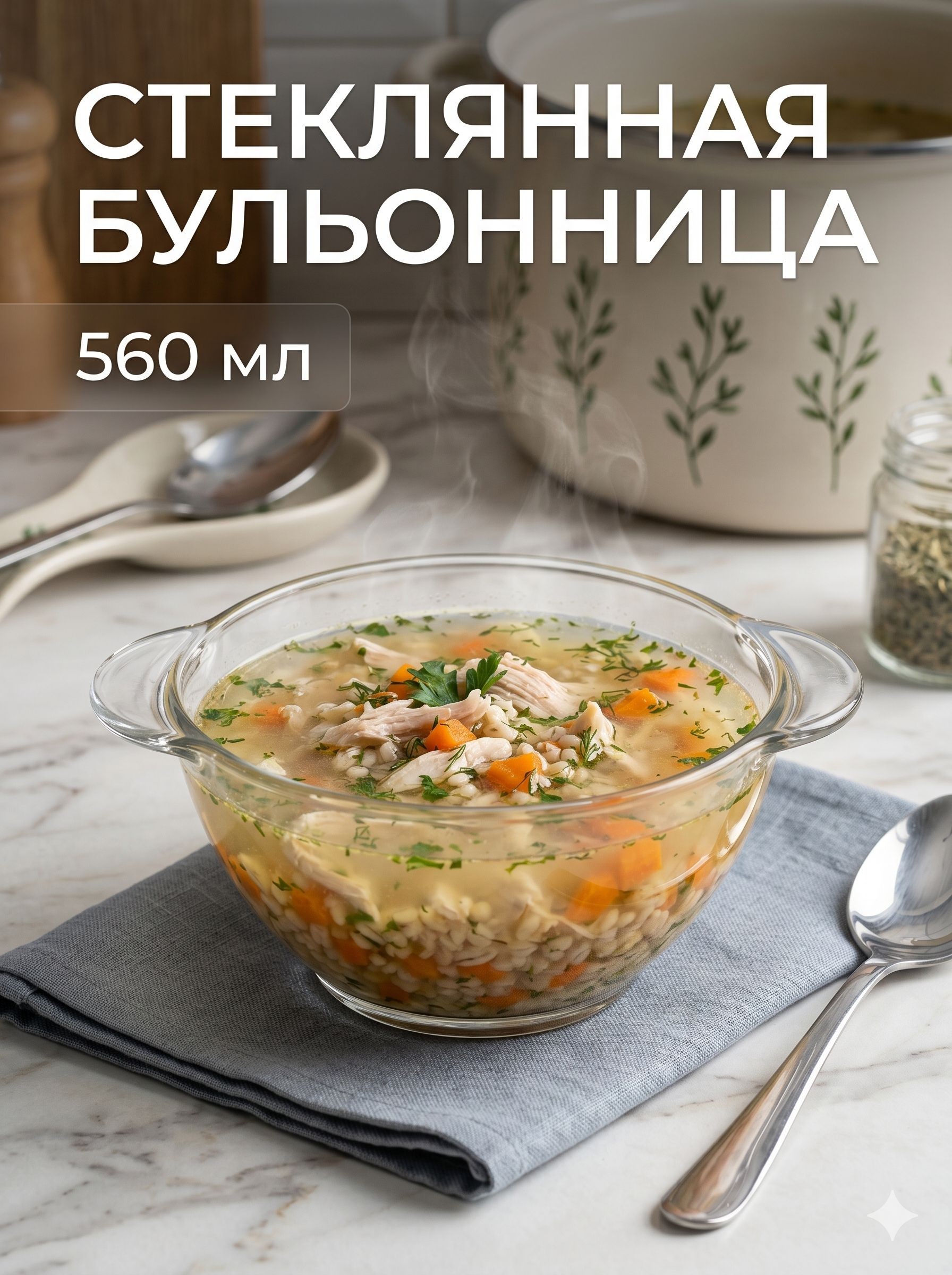 Бульонница стеклянная, 560 мл, диаметр 14 см