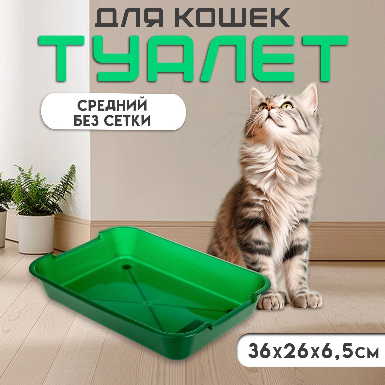 Лоток для кошек средний, без сетки, 36 х 26 х 6,5 см., зеленый