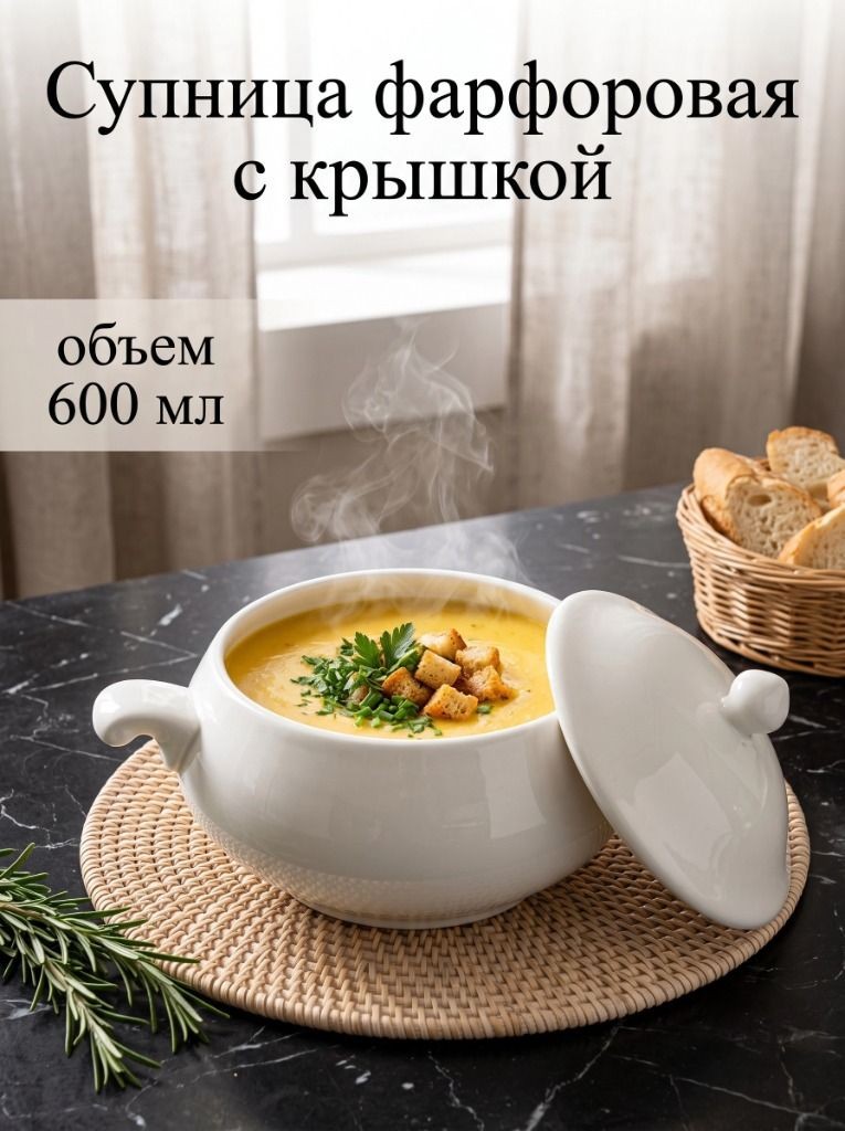 Супница с ручками, объем 600 мл, с крышкой, Magistro "Бланш", фарфоровая