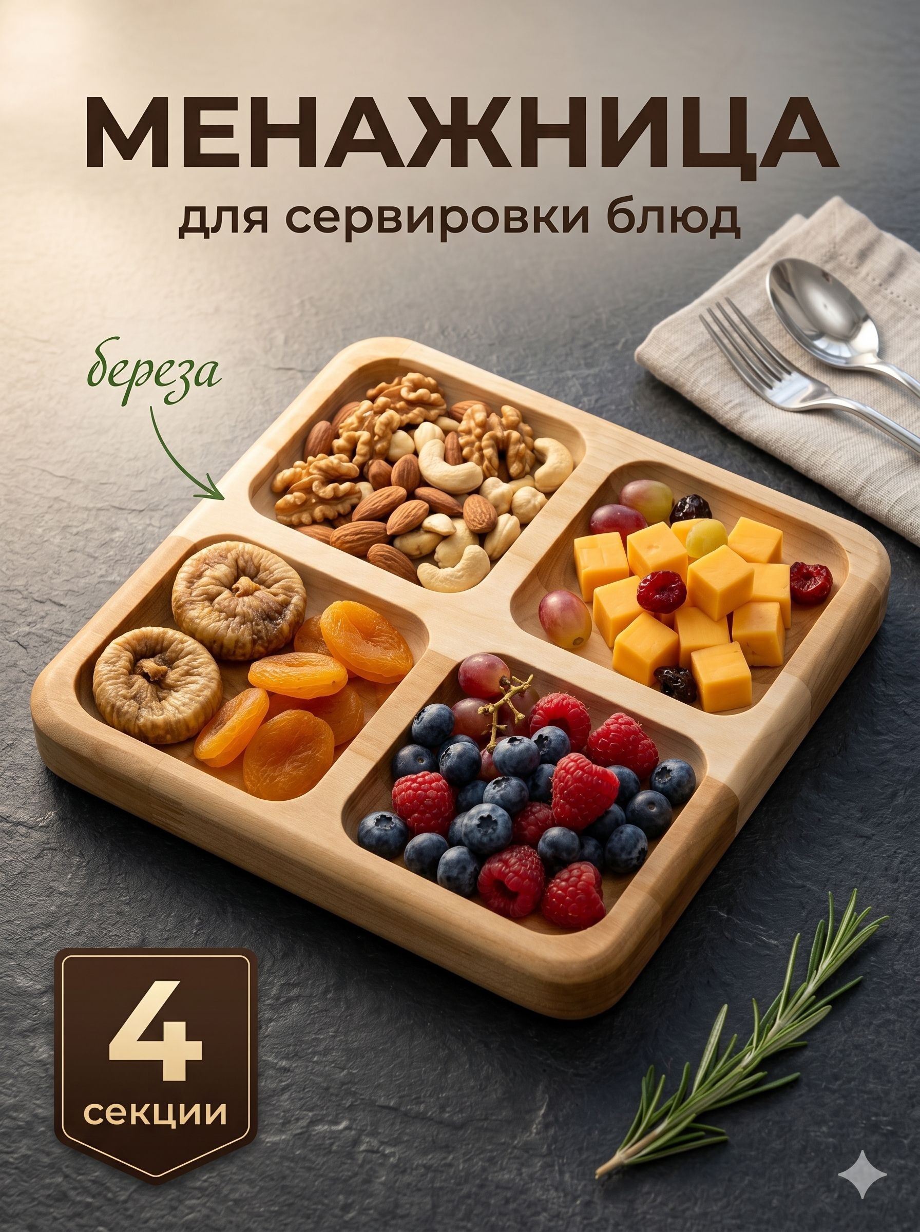 Менажница деревянная, 4 секции, 18 см, береза, Доляна "Комо"
