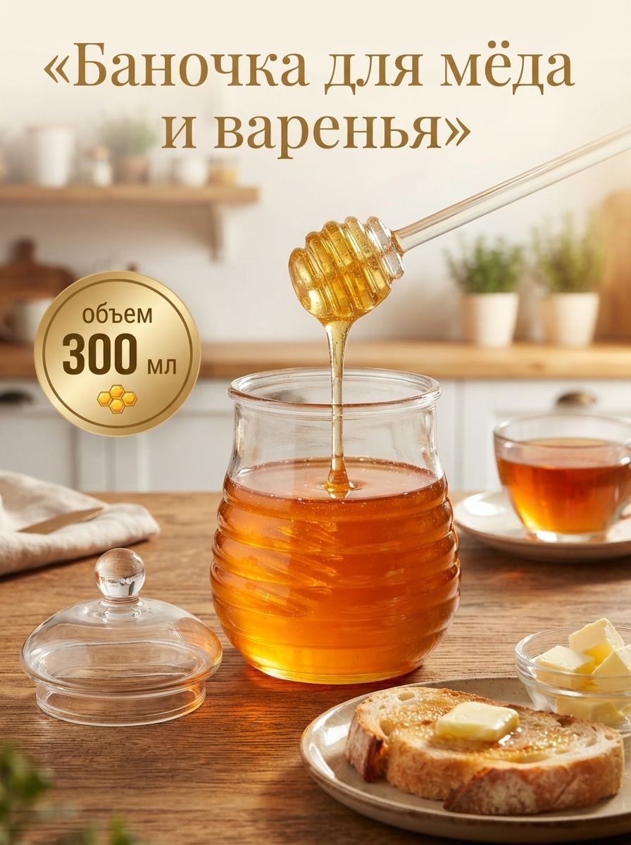 Банка для меда и варенья "Винни" с ложкой, объем 300 мл,, стеклянная, размер 8х14 см