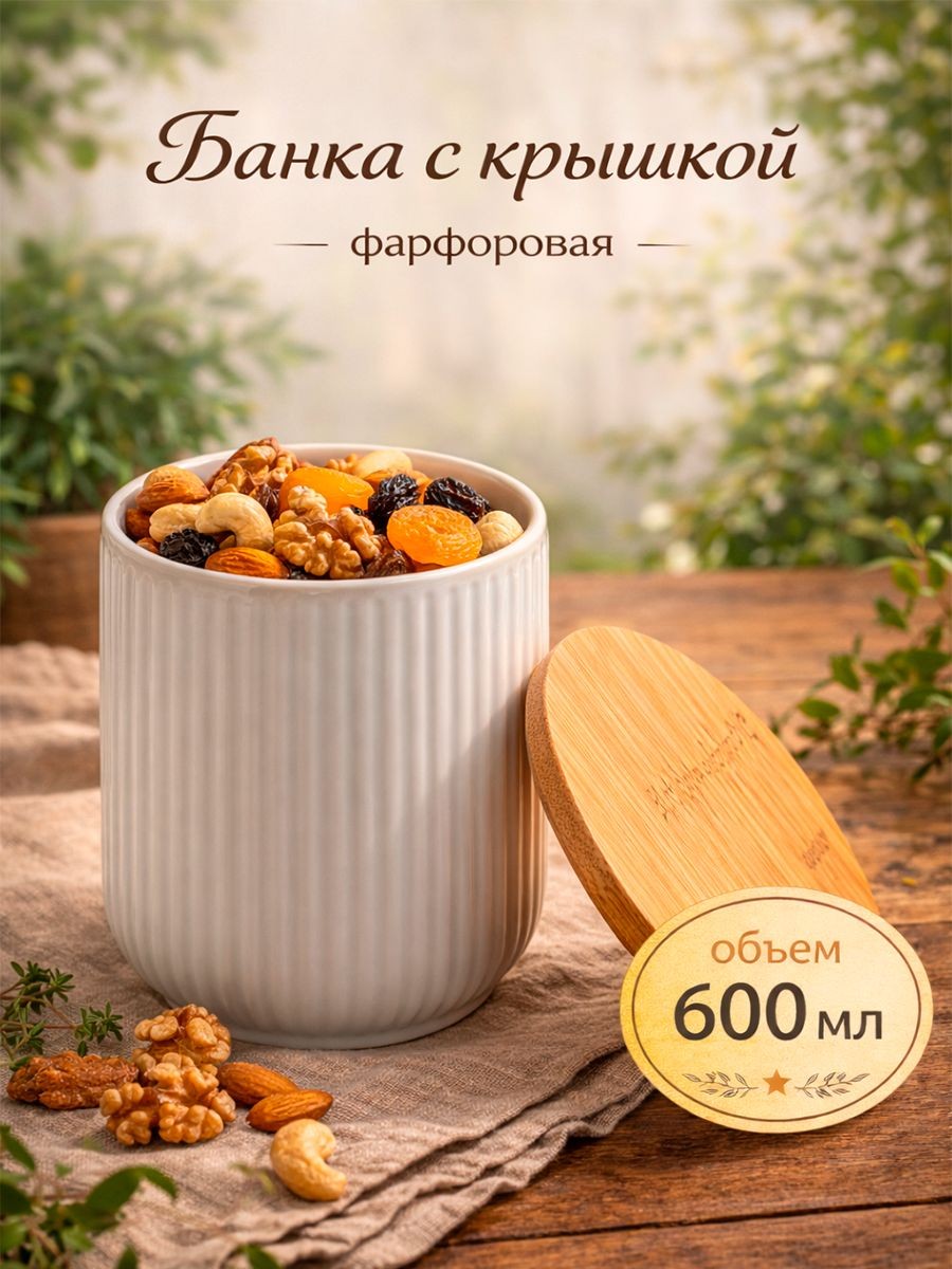 Банка для хранения сыпучих продуктов, объем 600 мл, с бамбуковой крышкой, фарфоровая