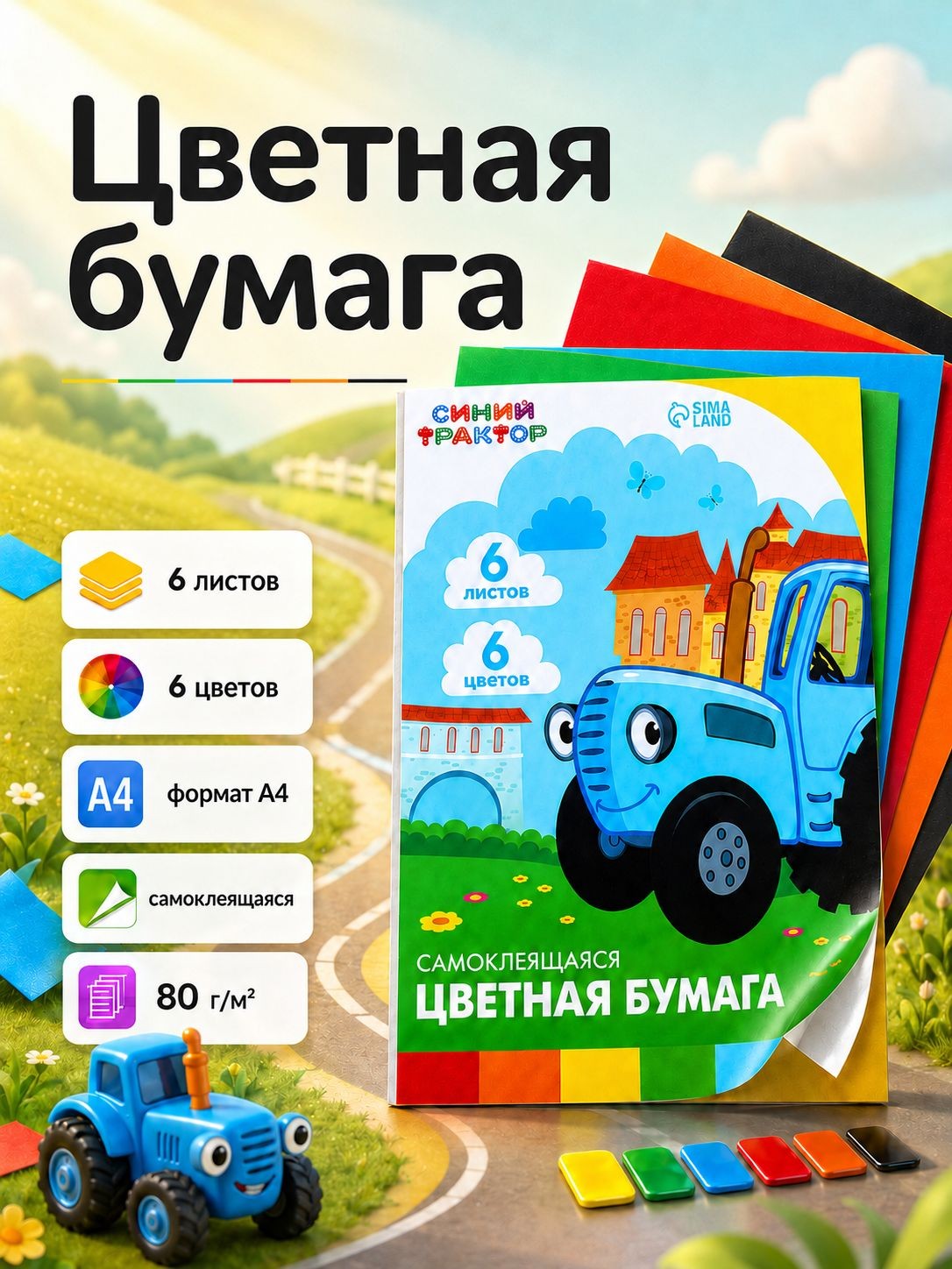 Самоклеющаяся бумага "Синий трактор", односторонняя, 6 листов, 6 цветов, формат А4, На фото — предложение продавца