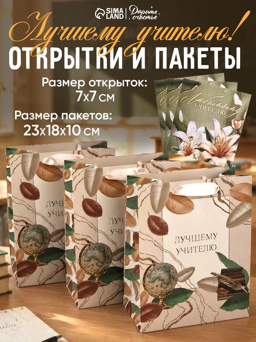 Пакеты подарочные учителю, набор 3 шт, с открыткой 18 х 23 х 10 см