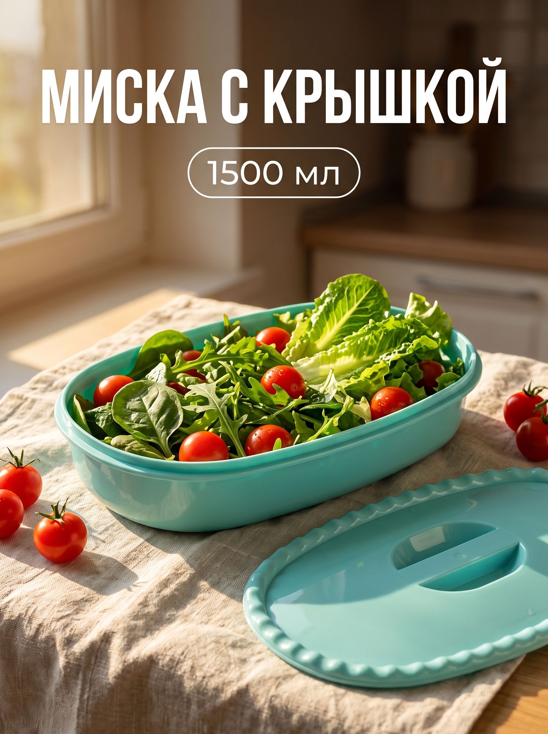 Миска с крышкой IDEA, 1.5 л, 16.5×28×6.5 см, пластик, голубой, На фото — предложение продавца