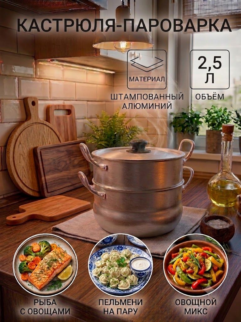 Кастрюля-пароварка, 2.5 л, 1 сетка, штампованный алюминий